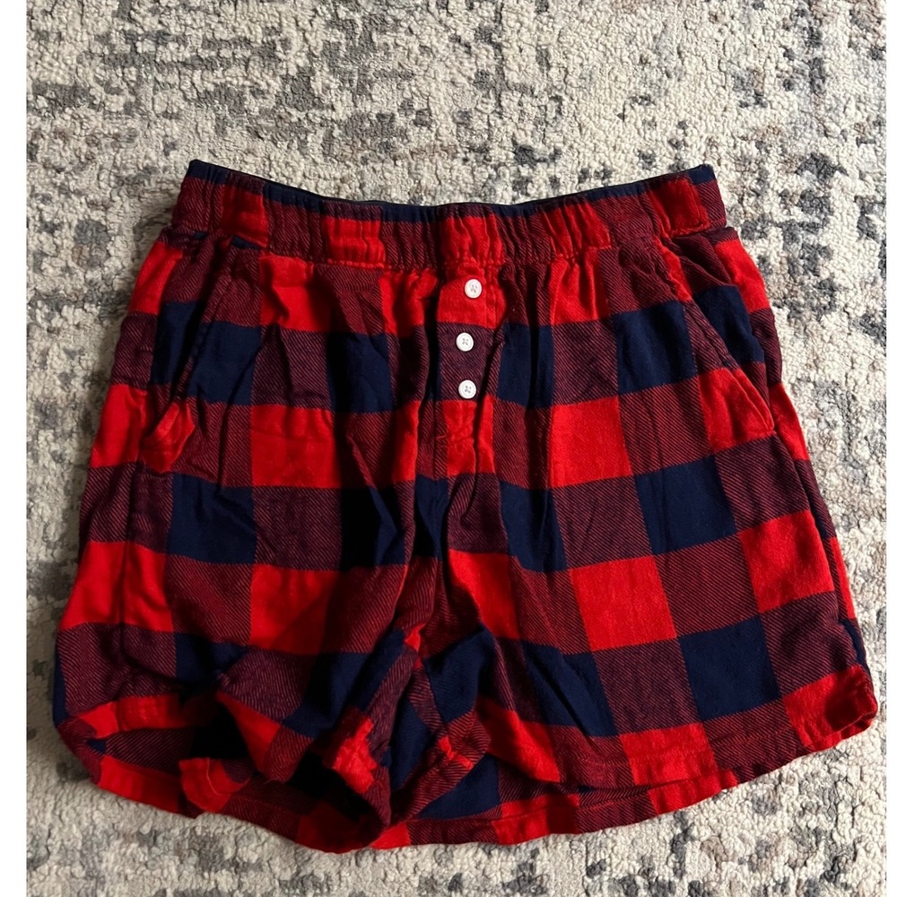 Aerie Red Navy Buffalo Plaid Flannel Pajama Shorts Checked Out Waistband XS